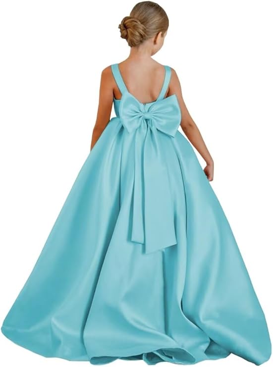 TinyTulle Elegant Satin Princess Flower Girl Dress with Sleeveless Bodice &amp; Statement Bow