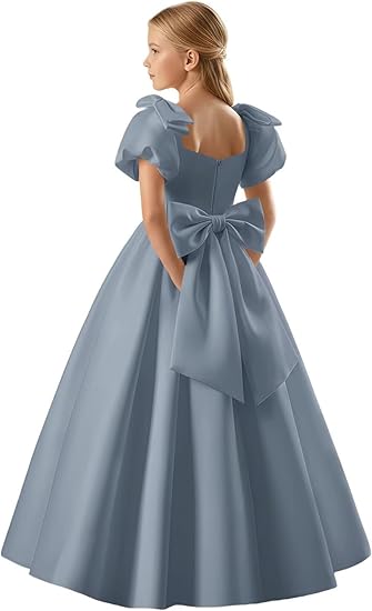 TinyTulle Satin Flower Girl Dress with Bow Shoulder and Puff Sleeves for Weddings
