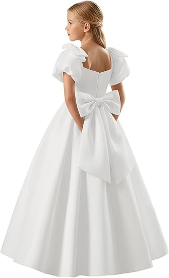 TinyTulle Satin Flower Girl Dress with Bow Shoulder and Puff Sleeves for Weddings