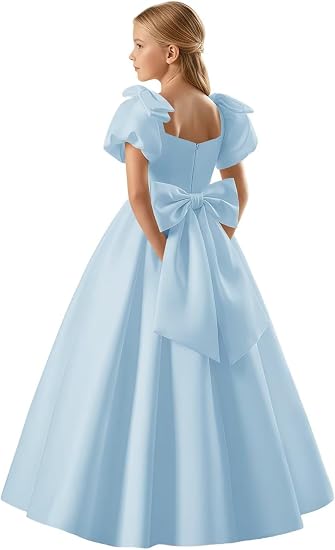 TinyTulle Satin Flower Girl Dress with Bow Shoulder and Puff Sleeves for Weddings