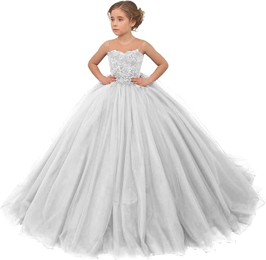 TinyTulle Burgundy Sleeveless Lace Applique Tulle Ball Gown Flower Girl Dress