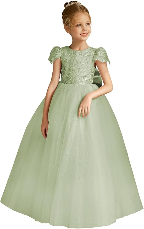 TinyTulle Elegant Lace Applique Cap Sleeve Tulle Flower Girl Dress with V-Back &amp; Bow