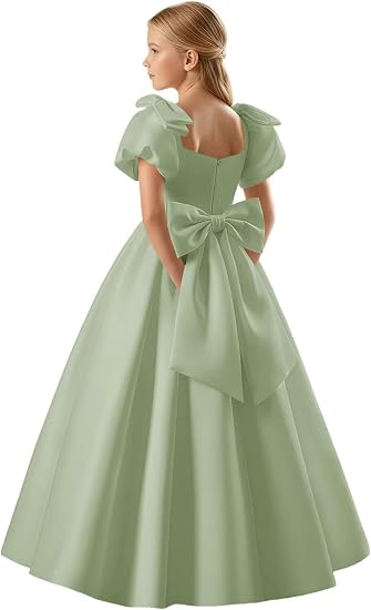 TinyTulle Satin Flower Girl Dress with Bow Shoulder and Puff Sleeves for Weddings
