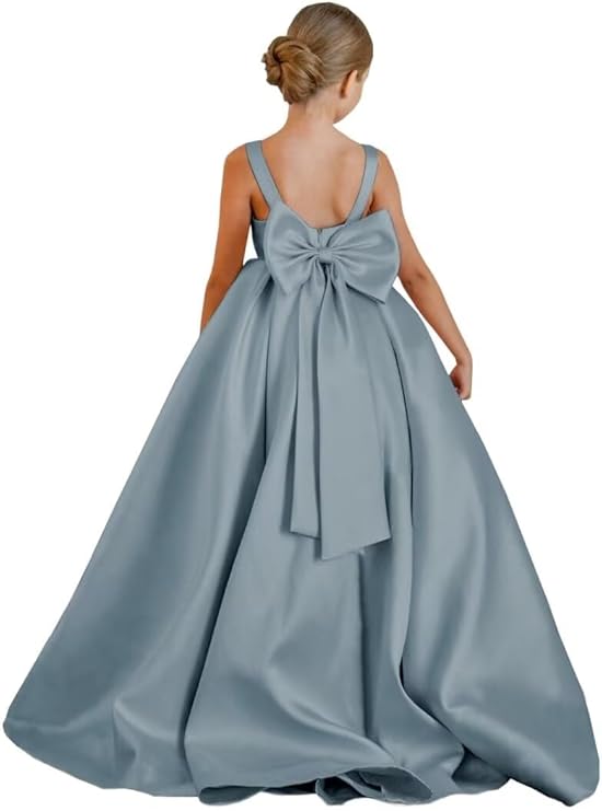 TinyTulle Elegant Satin Princess Flower Girl Dress with Sleeveless Bodice &amp; Statement Bow