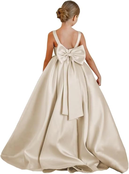 TinyTulle Elegant Satin Princess Flower Girl Dress with Sleeveless Bodice &amp; Statement Bow