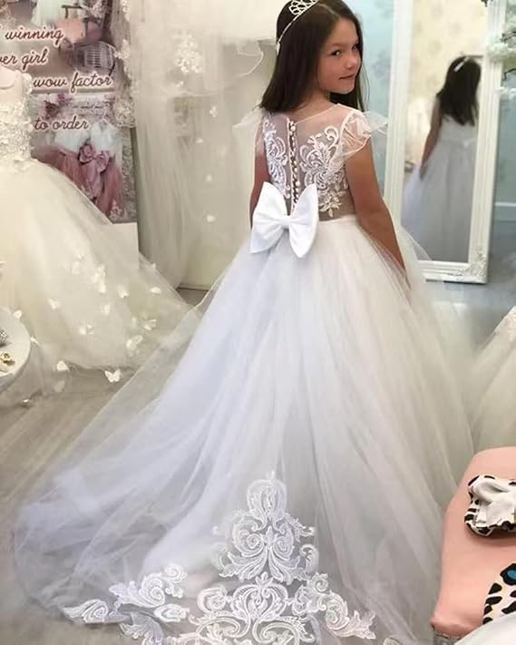TinyTulle White Lace Tulle Cap Sleeve Ball Gown Flower Girl Dress with Satin Bow for Wedding
