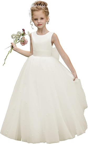 TinyTulle Elegant Sleeveless Tulle Princess Flower Girl Dress with Pearls &amp; Bow