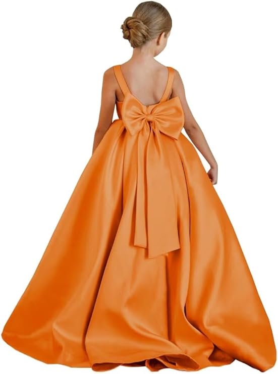 TinyTulle Elegant Satin Princess Flower Girl Dress with Sleeveless Bodice &amp; Statement Bow