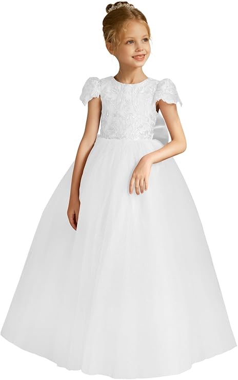 TinyTulle Elegant Lace Applique Cap Sleeve Tulle Flower Girl Dress with V-Back &amp; Bow