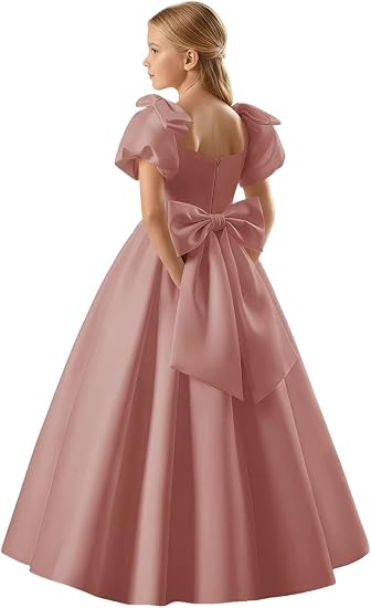 TinyTulle Satin Flower Girl Dress with Bow Shoulder and Puff Sleeves for Weddings
