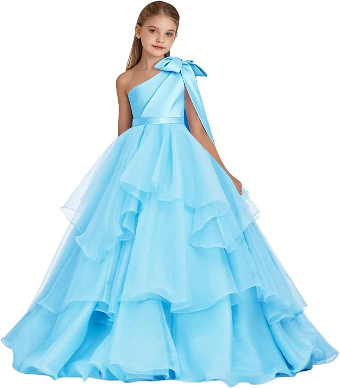 TinyTulle White One-Shoulder Tiered Tulle Flower Girl Gown for Weddings &amp; Special Occasions
