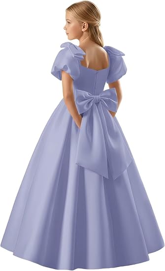 TinyTulle Satin Flower Girl Dress with Bow Shoulder and Puff Sleeves for Weddings