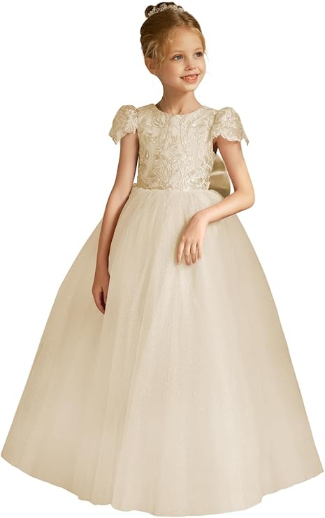 TinyTulle Elegant Lace Applique Cap Sleeve Tulle Flower Girl Dress with V-Back &amp; Bow