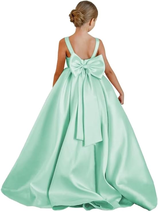 TinyTulle Elegant Satin Princess Flower Girl Dress with Sleeveless Bodice &amp; Statement Bow