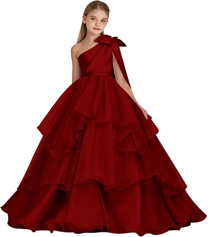 TinyTulle White One-Shoulder Tiered Tulle Flower Girl Gown for Weddings &amp; Special Occasions