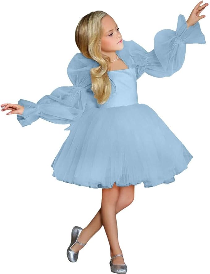 TinyTulle Elegant Long Sleeve Tulle A-Line Flower Girl Dress for Special Occasions
