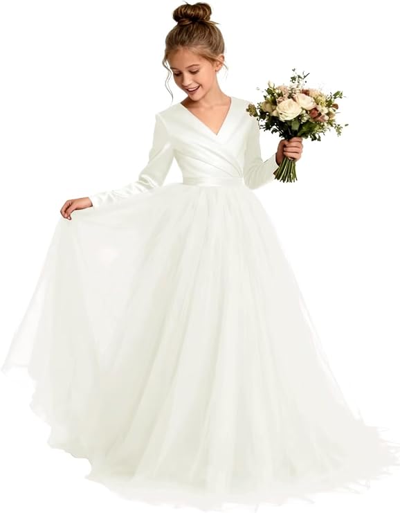 TinyTulle Elegant Long Sleeve Satin Tulle Princess Flower Girl Formal Gown