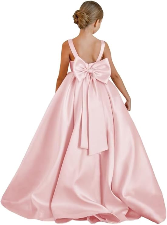 TinyTulle Elegant Satin Princess Flower Girl Dress with Sleeveless Bodice &amp; Statement Bow