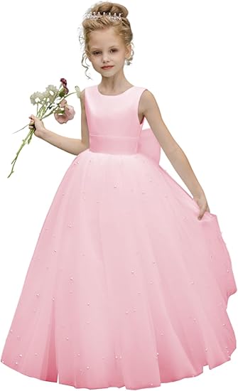 TinyTulle Elegant Sleeveless Tulle Princess Flower Girl Dress with Pearls &amp; Bow