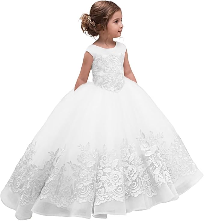 TinyTulle Elegant Champagne Floral Appliqué Tulle Flower Girl Dress with Bow