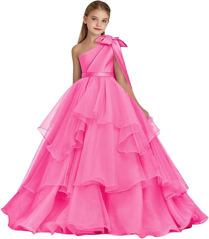 TinyTulle White One-Shoulder Tiered Tulle Flower Girl Gown for Weddings &amp; Special Occasions