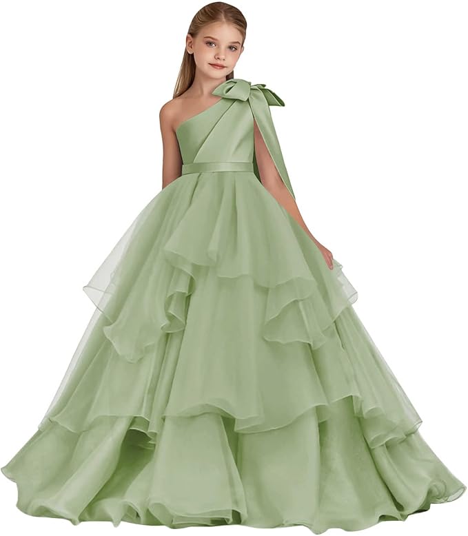 TinyTulle White One-Shoulder Tiered Tulle Flower Girl Gown for Weddings &amp; Special Occasions