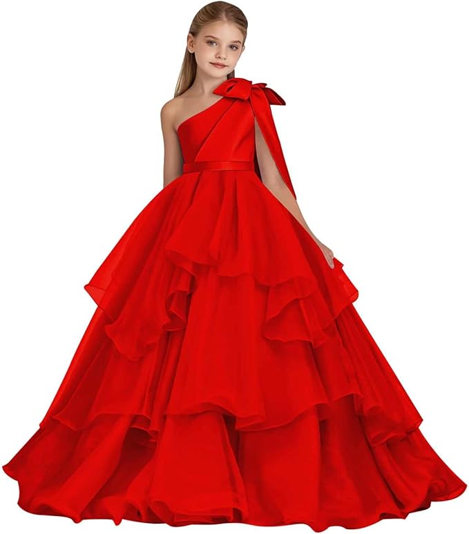 TinyTulle White One-Shoulder Tiered Tulle Flower Girl Gown for Weddings &amp; Special Occasions