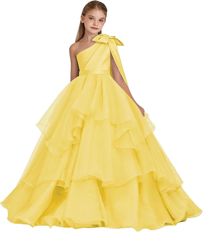 TinyTulle White One-Shoulder Tiered Tulle Flower Girl Gown for Weddings &amp; Special Occasions