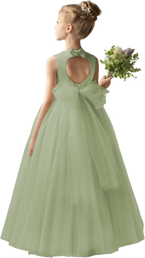 TinyTulle Champagne Satin Tulle A-Line Flower Girl Dress with Bow