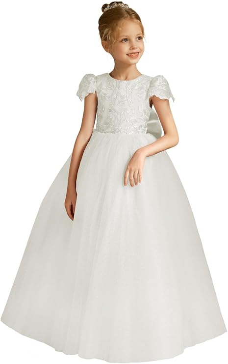 TinyTulle Elegant Lace Applique Cap Sleeve Tulle Flower Girl Dress with V-Back &amp; Bow