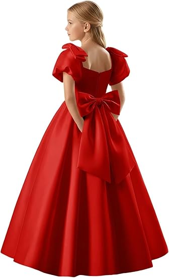 TinyTulle Satin Flower Girl Dress with Bow Shoulder and Puff Sleeves for Weddings