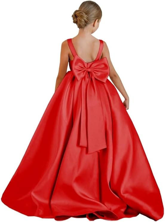 TinyTulle Elegant Satin Princess Flower Girl Dress with Sleeveless Bodice &amp; Statement Bow