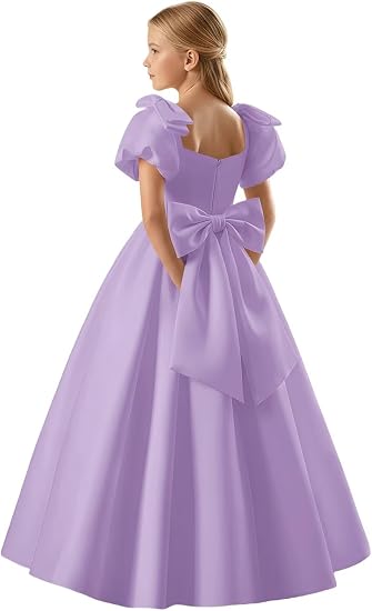 TinyTulle Satin Flower Girl Dress with Bow Shoulder and Puff Sleeves for Weddings