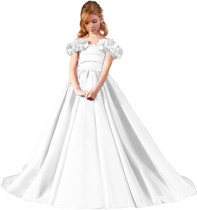 TinyTulle Fuchsia Pink Satin Flower Girl Dress with Off-Shoulder Floral Sleeves