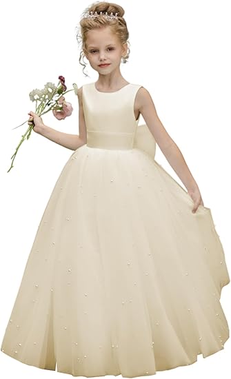 TinyTulle Elegant Sleeveless Tulle Princess Flower Girl Dress with Pearls &amp; Bow