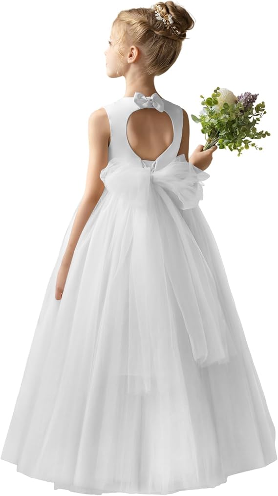 TinyTulle Champagne Satin Tulle A-Line Flower Girl Dress with Bow