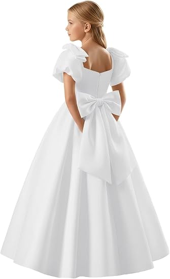 TinyTulle Satin Flower Girl Dress with Bow Shoulder and Puff Sleeves for Weddings