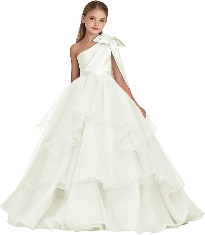 TinyTulle White One-Shoulder Tiered Tulle Flower Girl Gown for Weddings &amp; Special Occasions