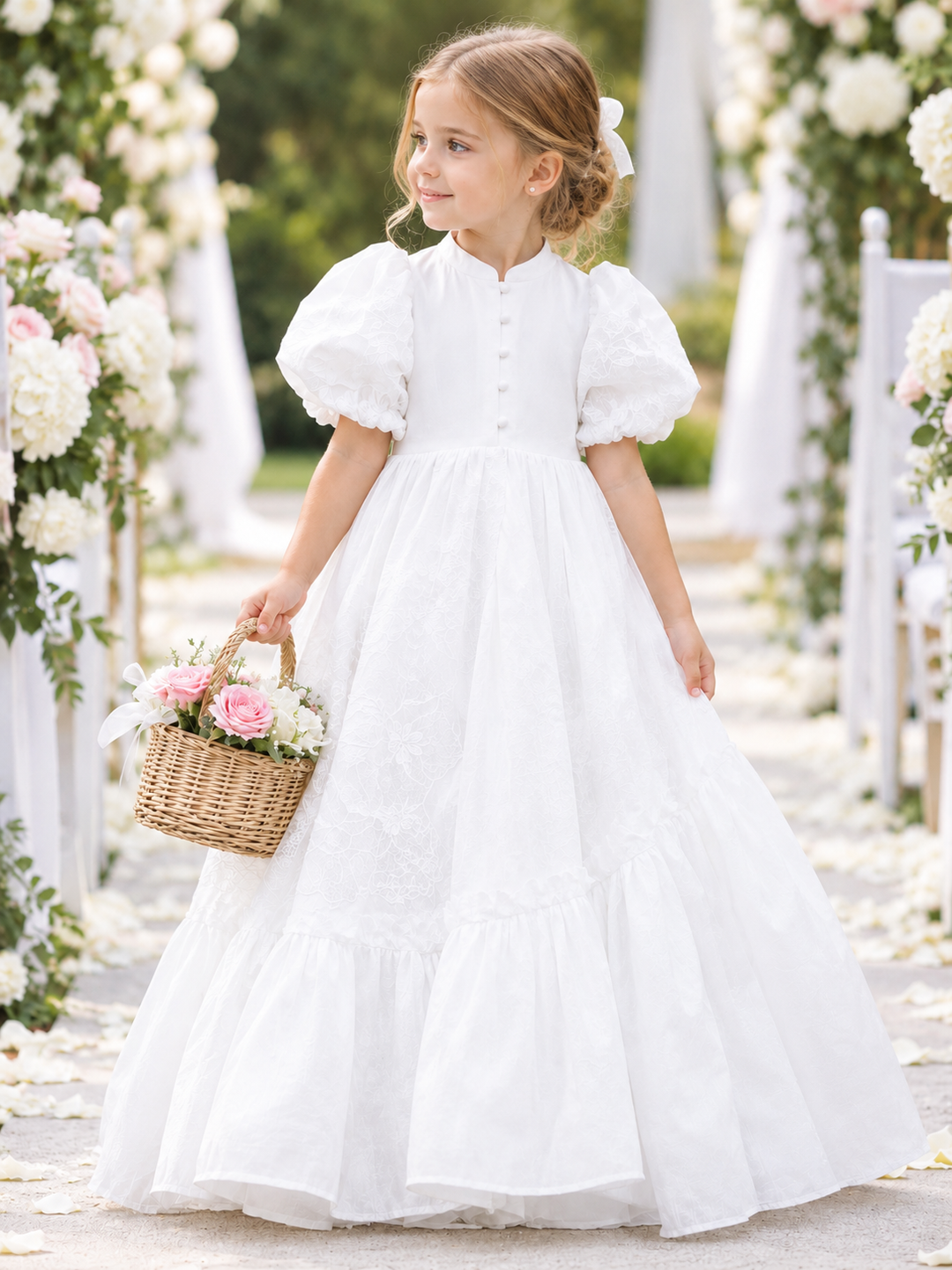 TinyTulle White Vintage Lace Flower Girl Dress with Puff Sleeves
