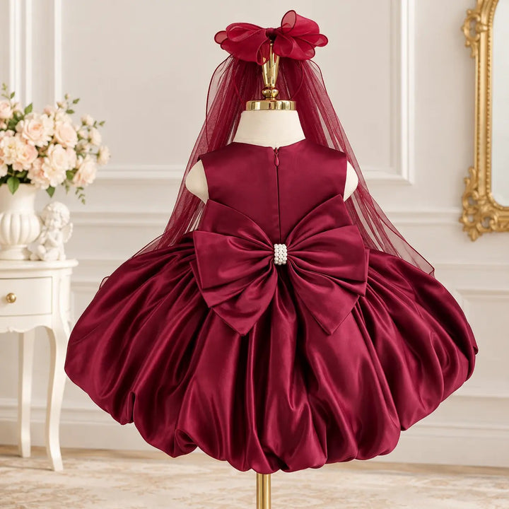 TinyTulle Elegant Burgundy Satin 1st Birthday Dress for Baby Girl