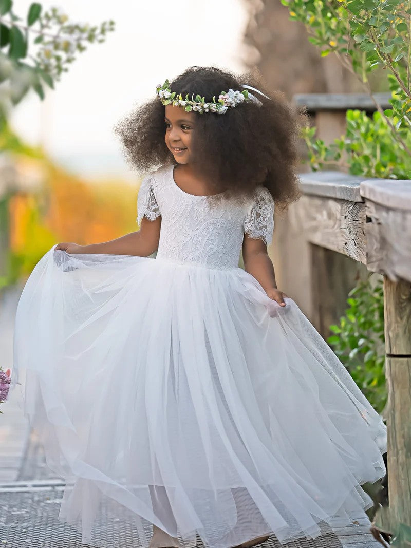 TinyTulle White A-Line Lace Ankle-length Boho Flower Girl Dress