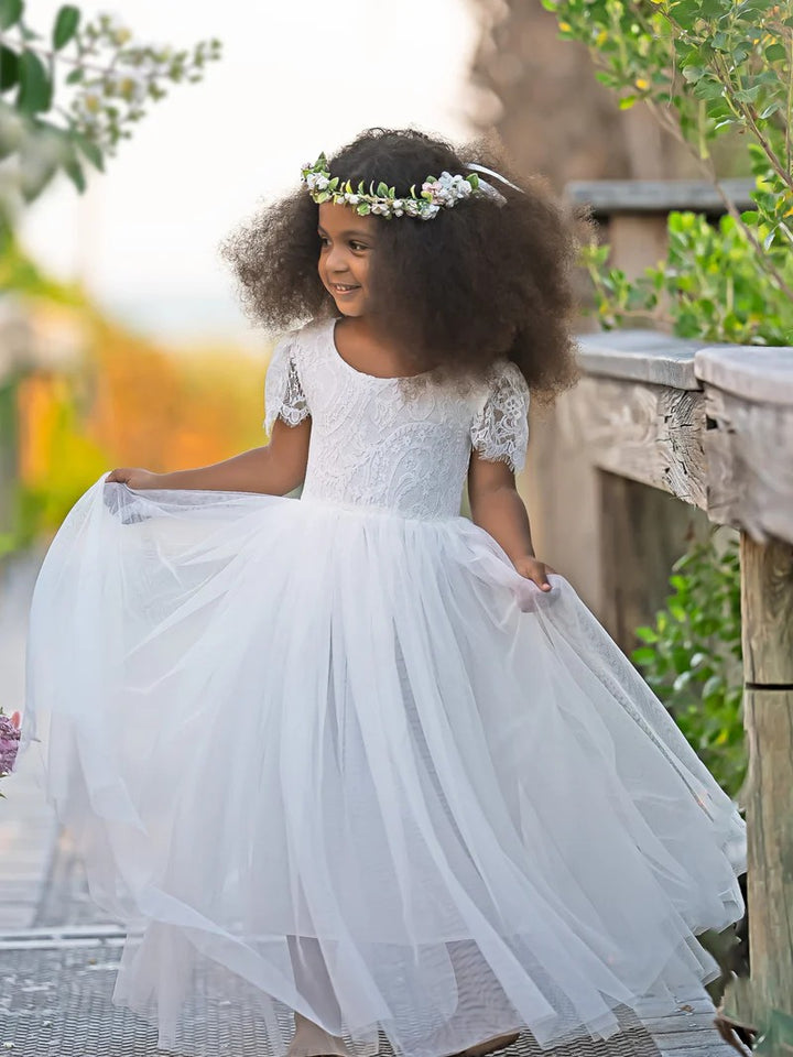 TinyTulle White A-Line Lace Ankle-length Boho Flower Girl Dress
