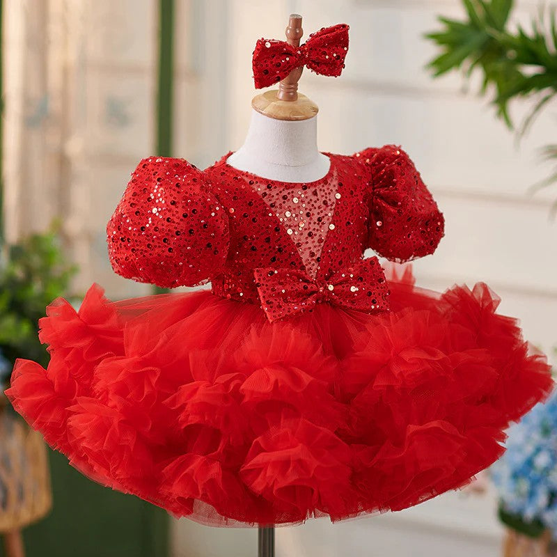TinyTulle Puff Sleeves Sequin Tulle Ball Gown Baby Girl Dress