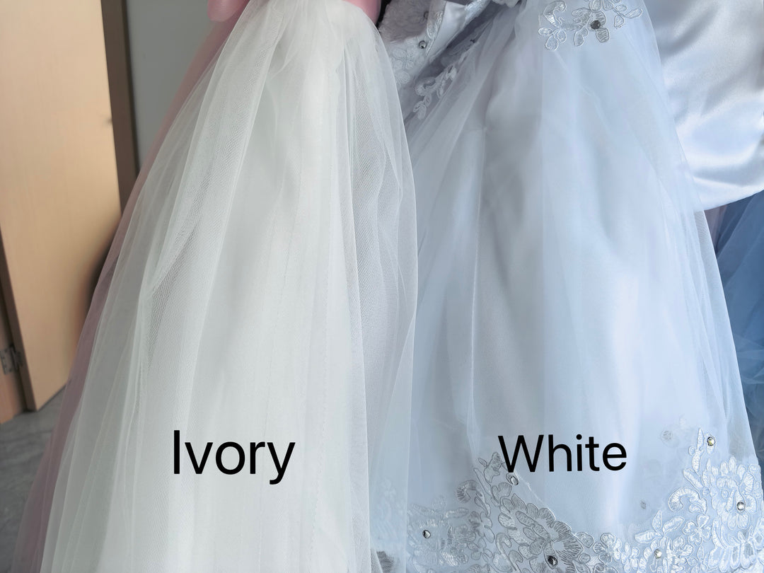 TinyTulle Elegant Ivory High Neck Puff Sleeve Tiered Tulle Flower Girl Dress