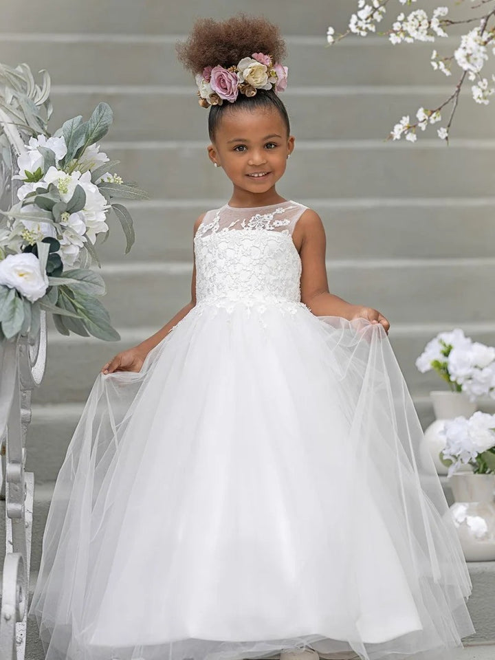 TinyTulle White Floral Applique Tulle Flower Girl Dress for First Communion &amp; Wedding