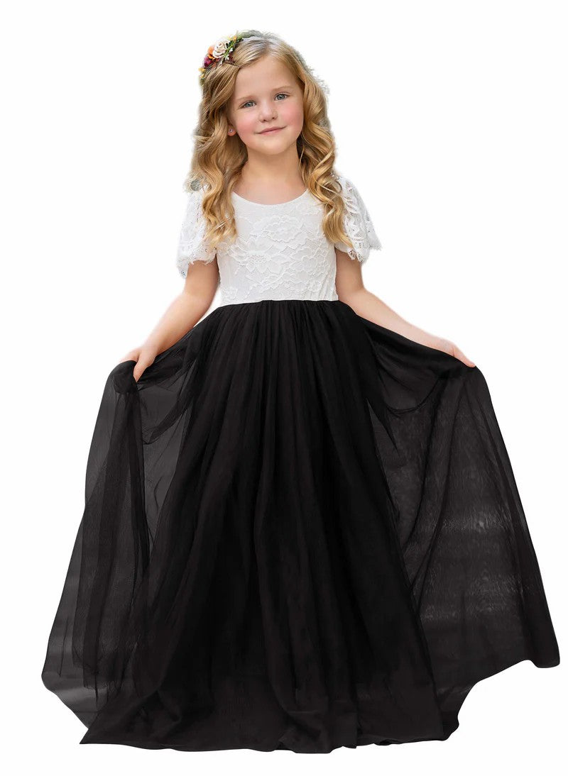 TinyTulle Elegant White Lace A-Line Long Tulle Flower Girl Dress