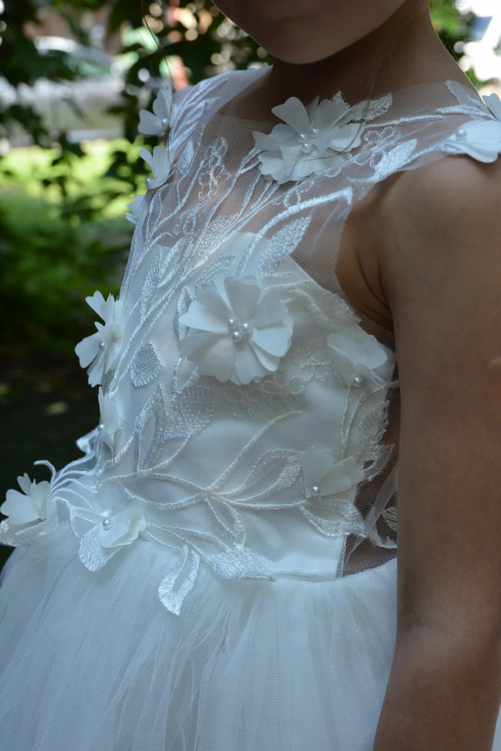 TinyTulle Elegant White Floral Applique A-Line Flower Girl Dress with Bow