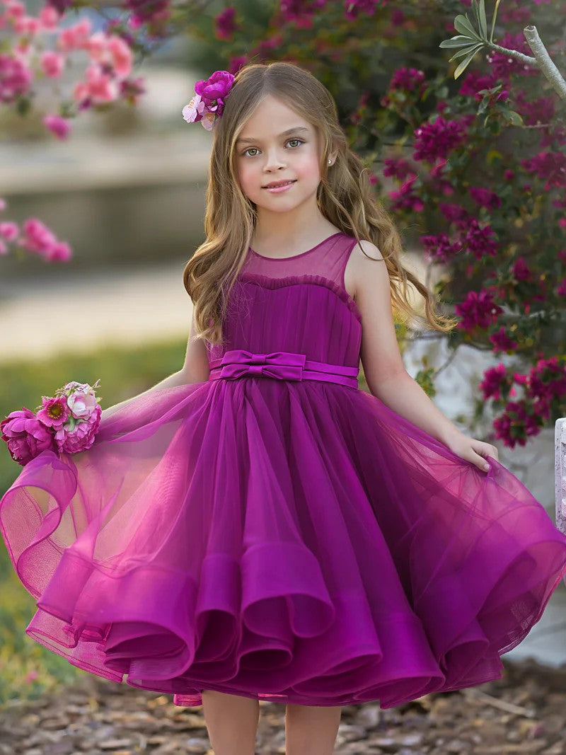 TinyTulle Elegant Magenta Tulle Flower Girl Dress with Bow Waist and Flowy Hem