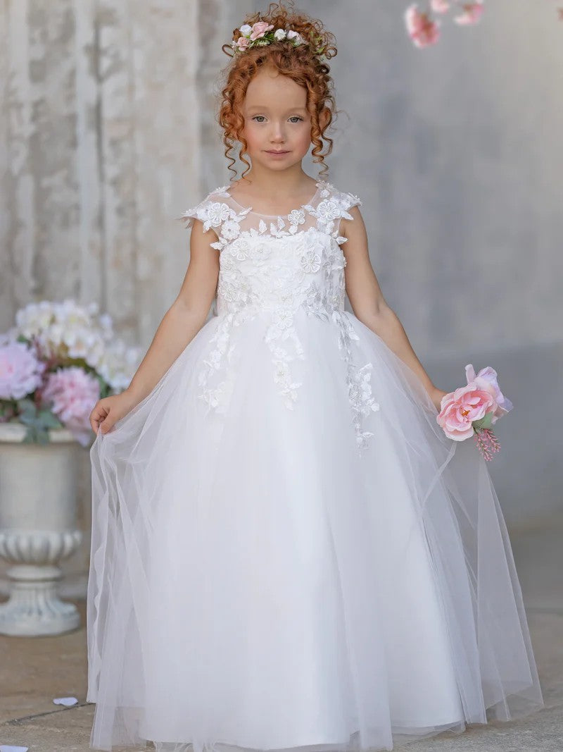 TinyTulle Elegant Sleeveless Floral Appliqué Tulle Floor-Length Flower Girl Dress