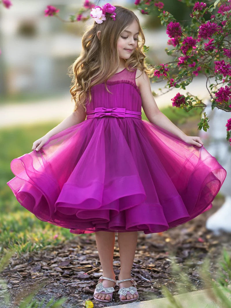 TinyTulle Elegant Magenta Tulle Flower Girl Dress with Bow Waist and Flowy Hem